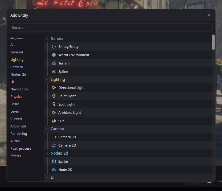 The Add Entity menu with a category sidebar and a list of entity types including physics