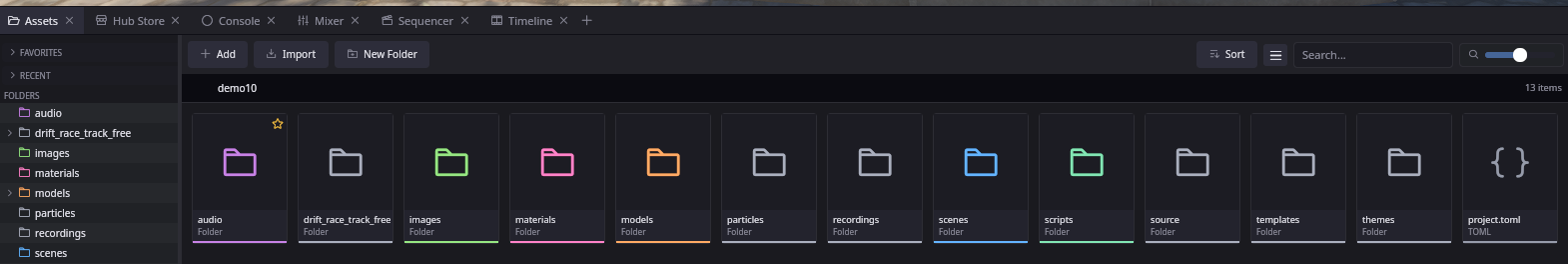 A color-coded asset browser keeps your project organized.
