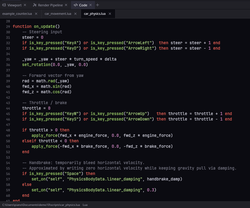 The built-in code editor with several Lua scripts open, showing car_physics.lua