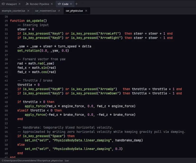 The built-in Code editor showing a Lua car-physics script, with tabs for several open .lua files and the file path along the bottom.