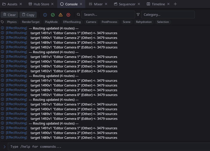 A filterable console with categorized logs and a command bar.