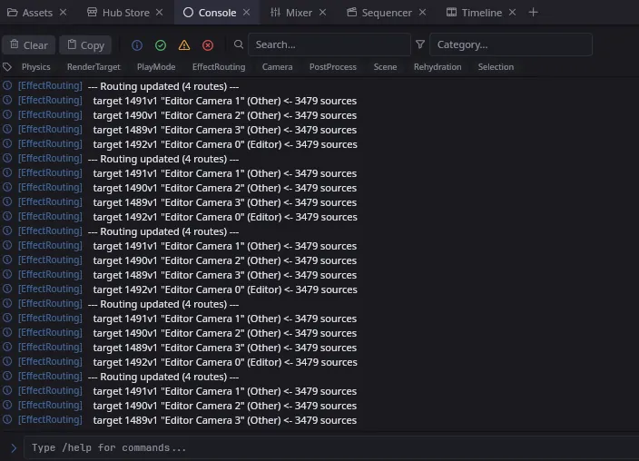 The Console panel streaming categorized engine log messages, with Clear and Copy buttons, info/warning/error filters, a search box, and a command input that reads "Type /help for commands" at the bottom.