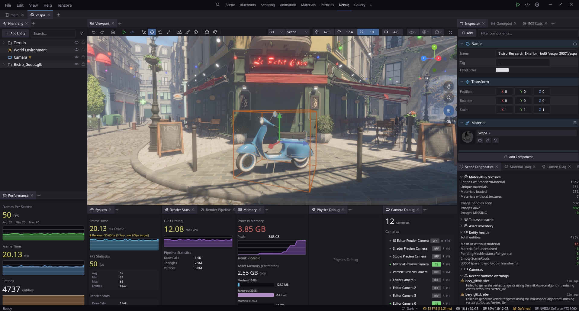 The editor with a dense row of diagnostic panels: performance, system, render stats, memory and physics debug