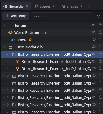 Scene hierarchy with nested glTF imports and per-object visibility.