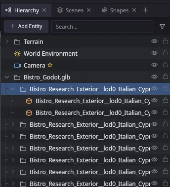 The Hierarchy panel showing a scene tree: an Add Entity button, a search box, and a filter funnel along the top, with a Terrain folder, World Environment, Camera, and an imported Bistro_Godot.glb model expanded into its mesh parts. Each row has an eye and a lock toggle on the right.