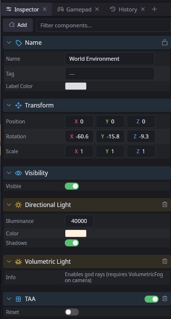 The inspector showing a World Environment with transform, directional light, volumetric light and TAA components