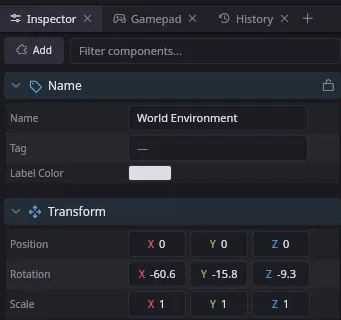 The Inspector panel showing the selected World Environment object, with collapsible sections for Name, Transform, Visibility, Directional Light, Volumetric Light, and TAA.