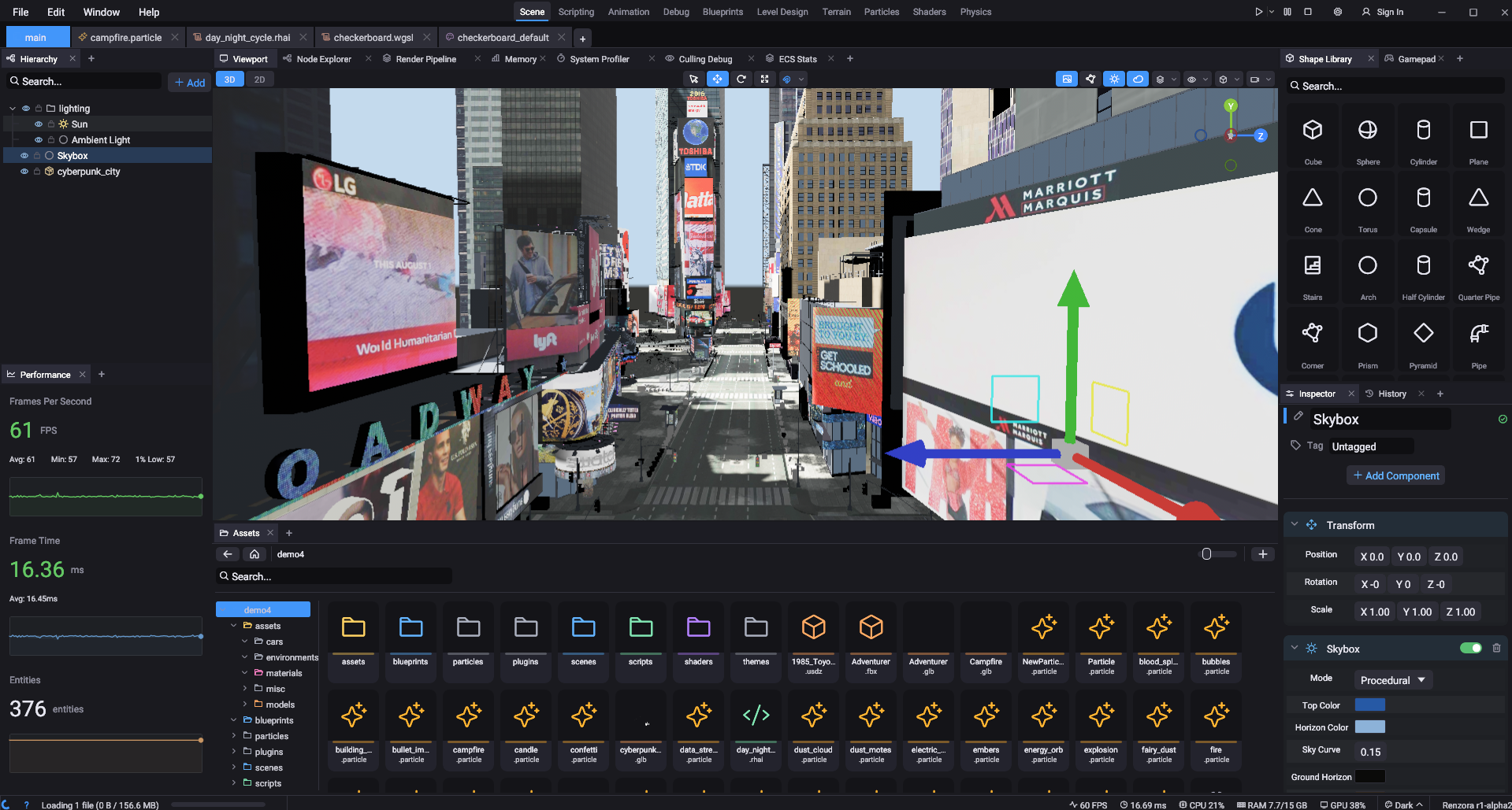 The Renzora editor with a Times Square scene, hierarchy, inspector and asset browser