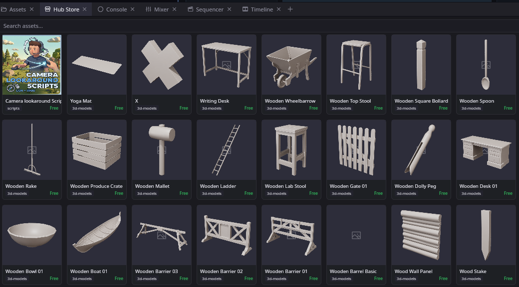 The built-in Hub Store with free models and scripts to import.