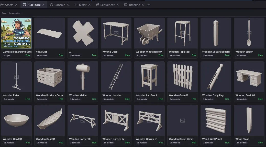 The in-editor Marketplace: a left column with your account and categories, a search/sort toolbar, and a grid of asset cards each with a download button.