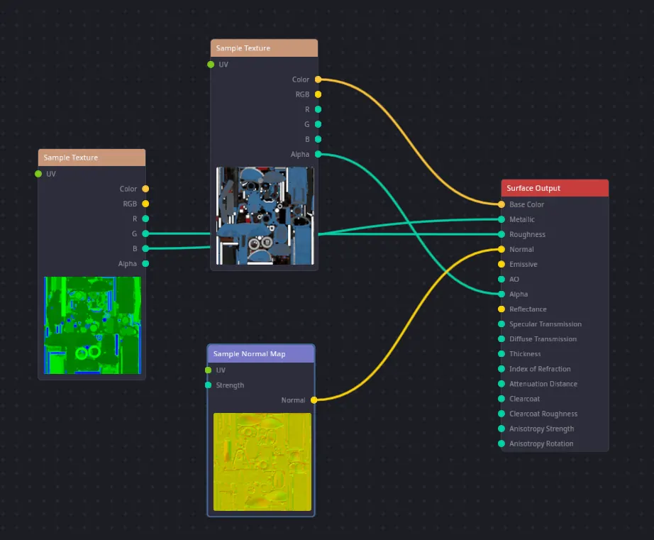 A material node graph: two Sample Texture nodes and a Sample Normal Map node wired by colored cables into the Surface Output node on the right