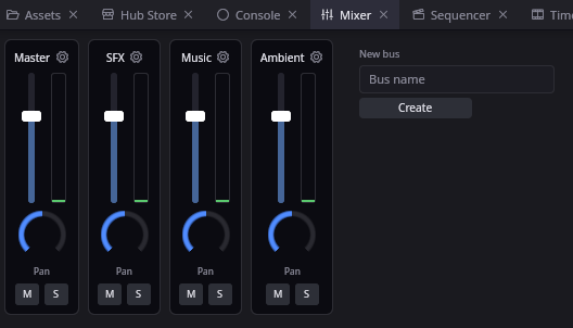 An audio mixer with per-bus faders, pan, level meters and solo.