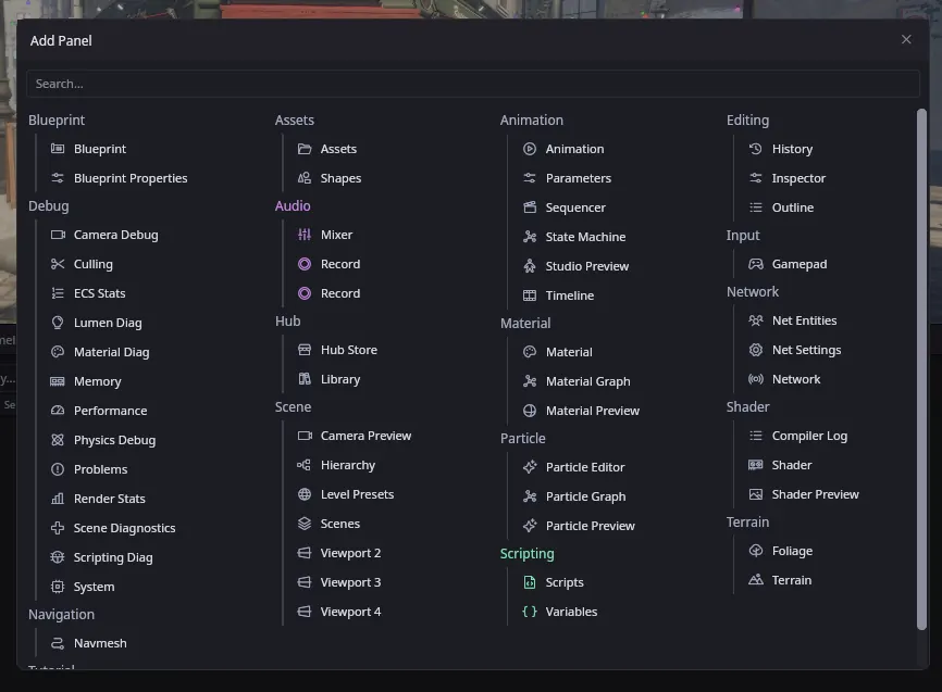 The Add Panel picker, listing every panel grouped by category such as Scene, Material, Debug, Audio, and Shader, with a search box at the top.