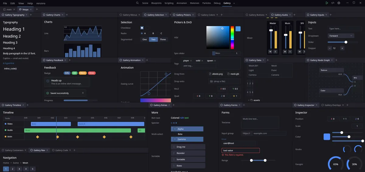 The renzora_ember UI gallery showing built-in components: typography, charts, sliders, color pickers, forms, gauges, and timelines
