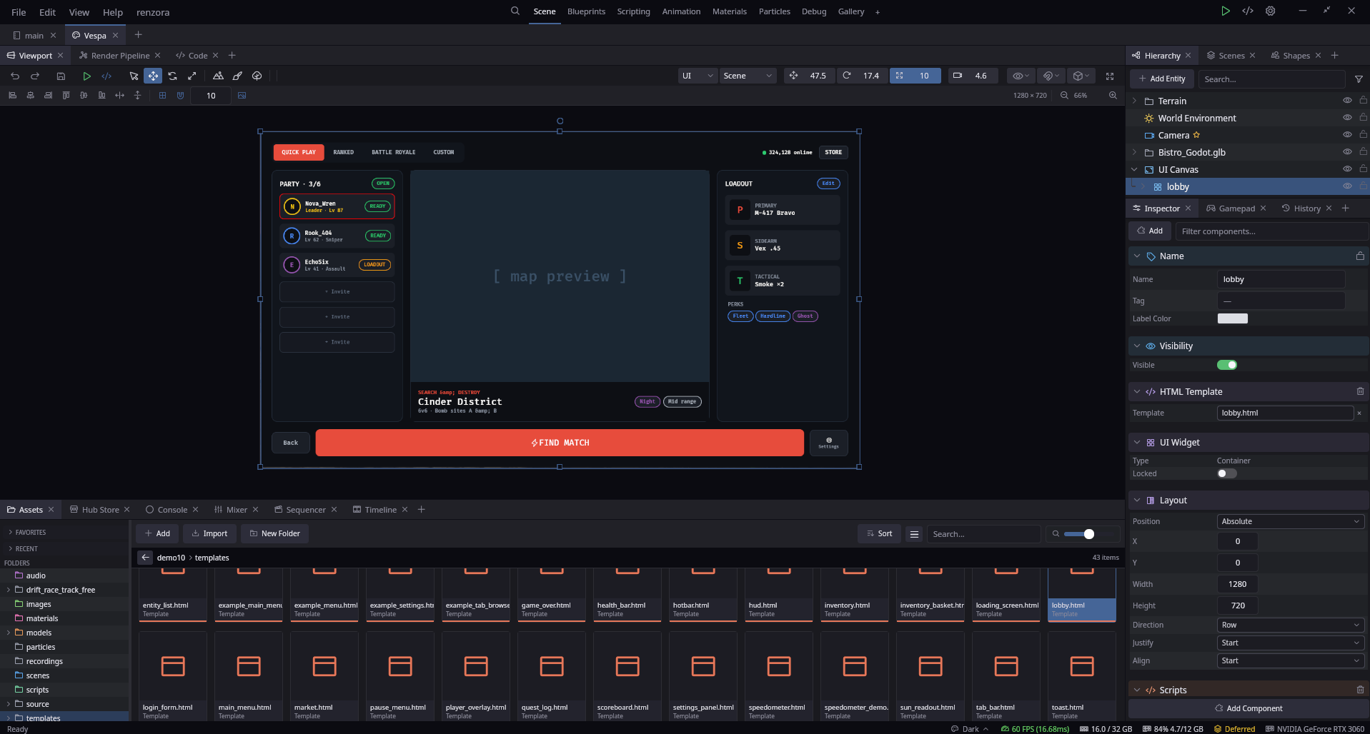 The in-engine UI builder editing a match-lobby screen with HTML Template fields in the inspector