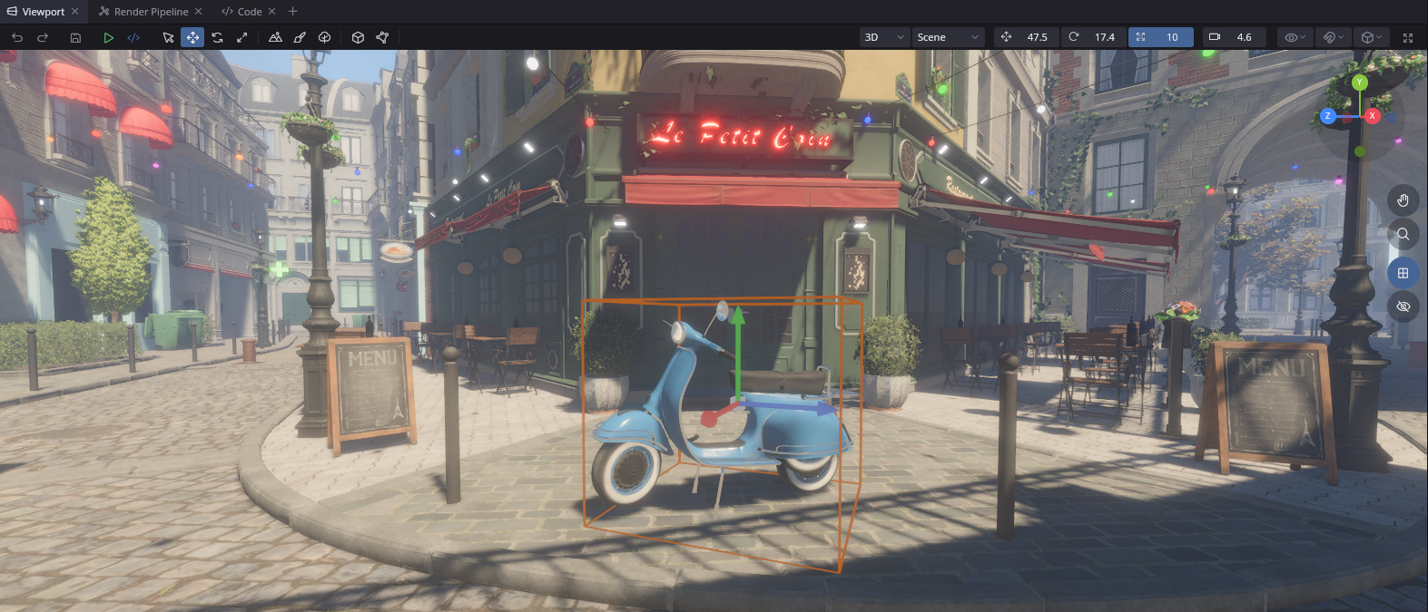 A cinematic render of a Parisian cafe street with a blue scooter selected
